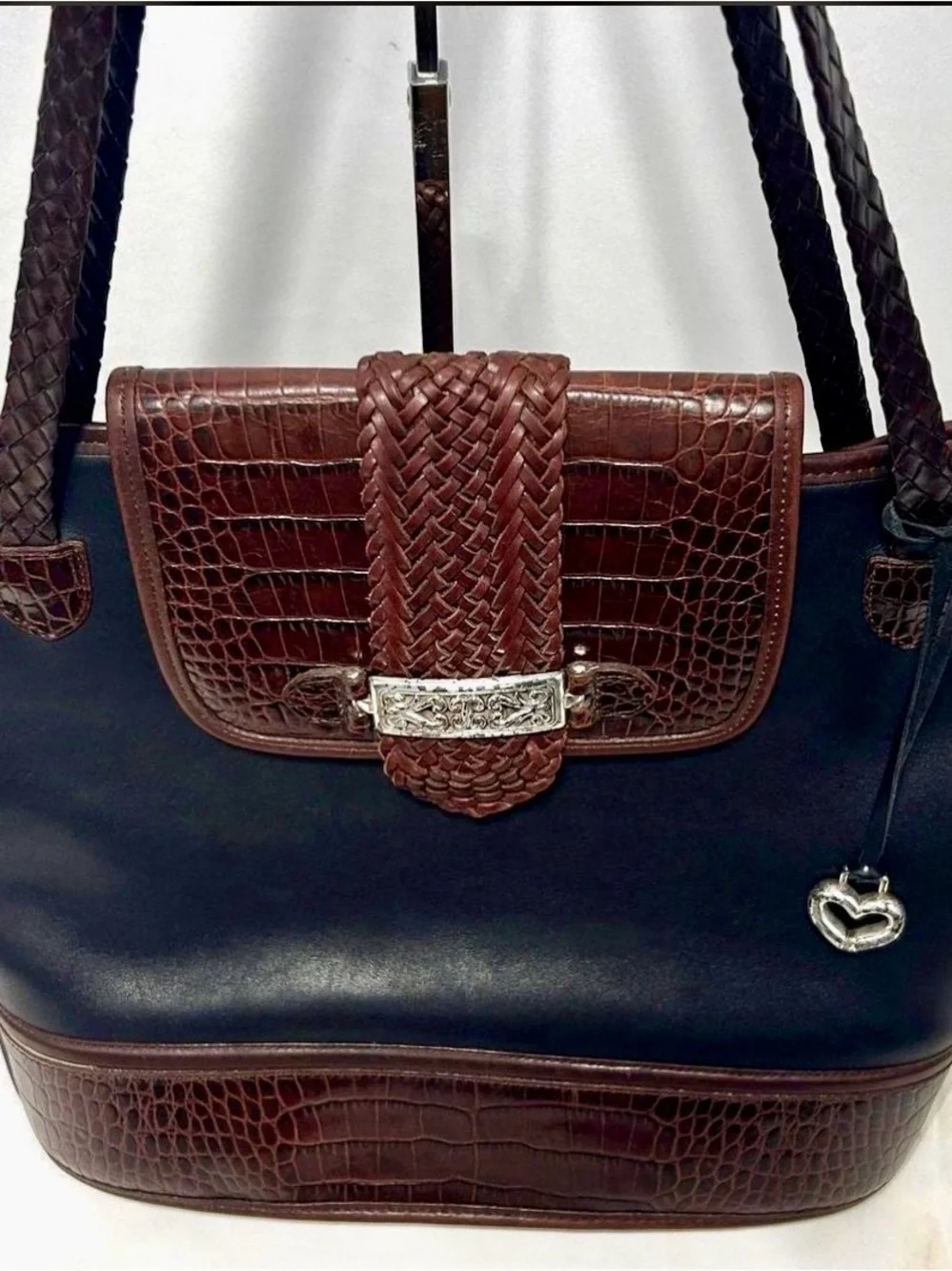 Brighton Black Shoulder Tote with Brown Trim and Heart Charm